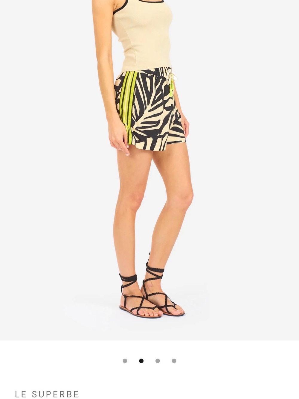 Le Superbe Black & Cream Zebra Print Drawstring Shorts with Neon Green Stripe